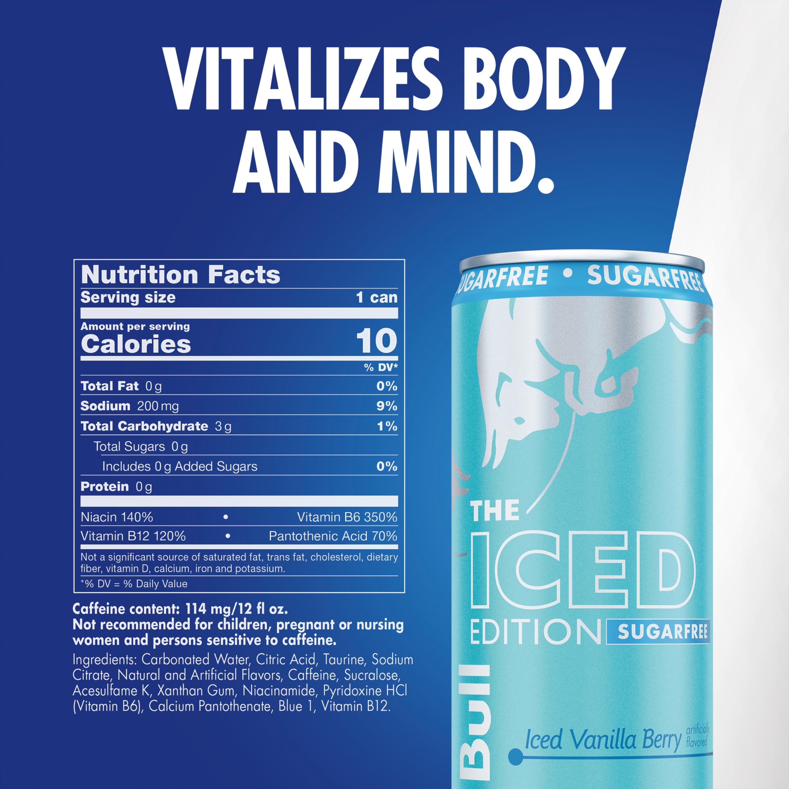 Red Bull Iced Vanilla Berry ángulo promocional resaltando lata reciclable