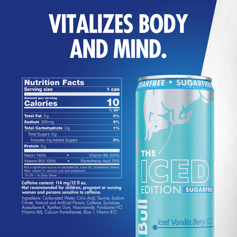 Red Bull Iced Vanilla Berry ángulo promocional resaltando lata reciclable