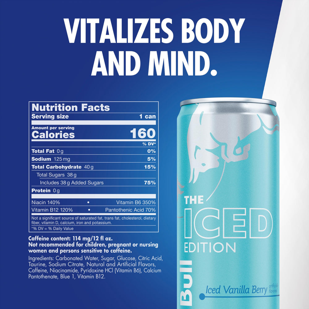 Red Bull lata lateral detalle del diseño y aluminio reciclable, práctico