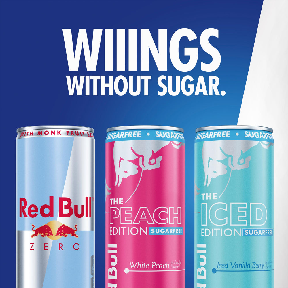 Red Bull etiqueta con ingredientes resaltando cafeína, taurina y vitaminas B
