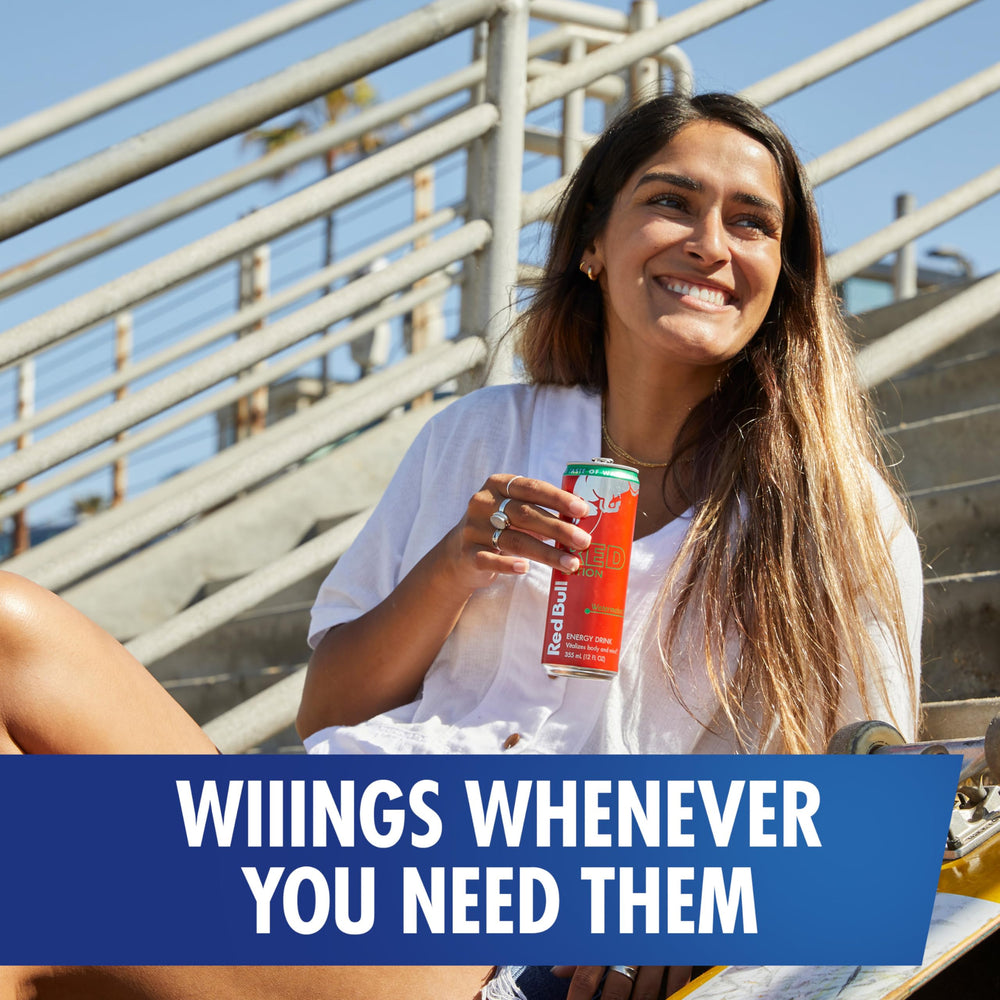 Red Bull lata detalle de etiqueta con sabor sandía y claridad visual