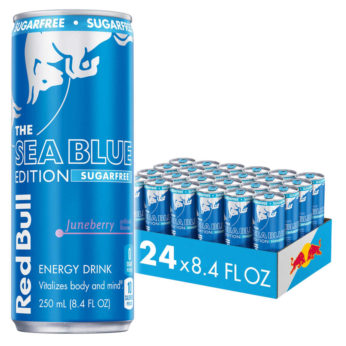 Red Bull Sea Blue frontal mostrando el diseño y sabor juneberry