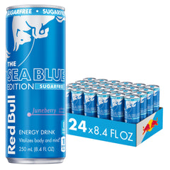 Red Bull Sea Blue frontal mostrando el diseño y sabor juneberry