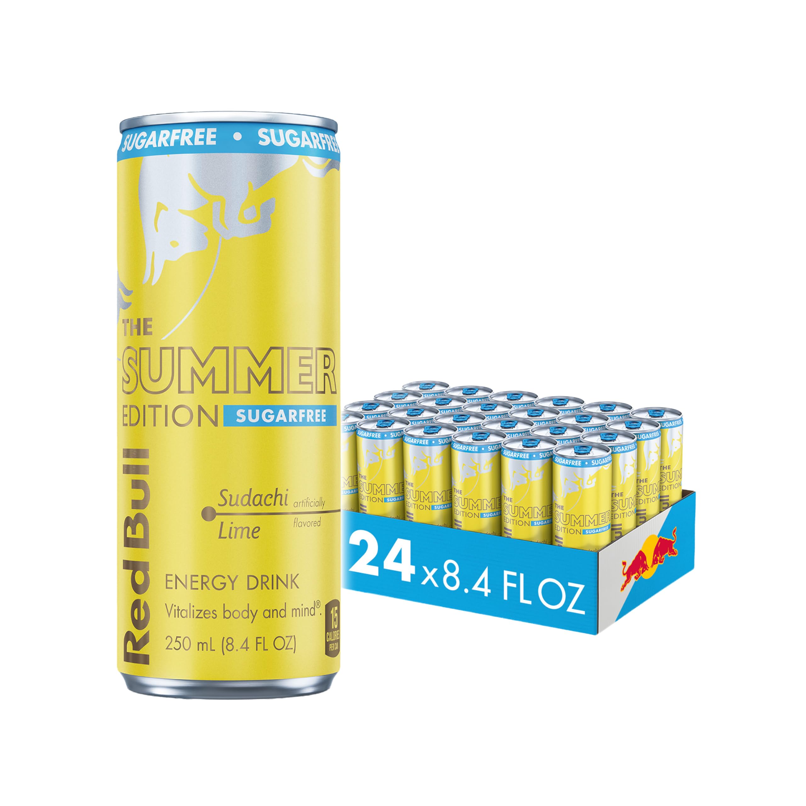 Red Bull lata frontal Sudachi Lime mostrando diseño veraniego y energía