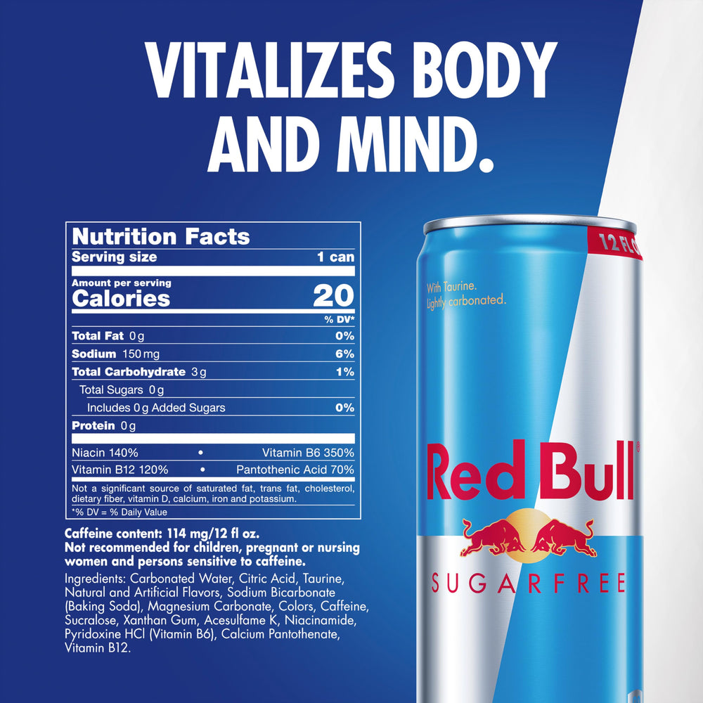 Lata Red Bull Sugarfree abierta con gotas frías, aporta frescor inmediato para consumo