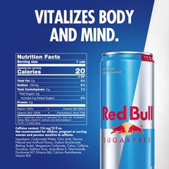 Lata Red Bull Sugarfree abierta con gotas frías, aporta frescor inmediato para consumo