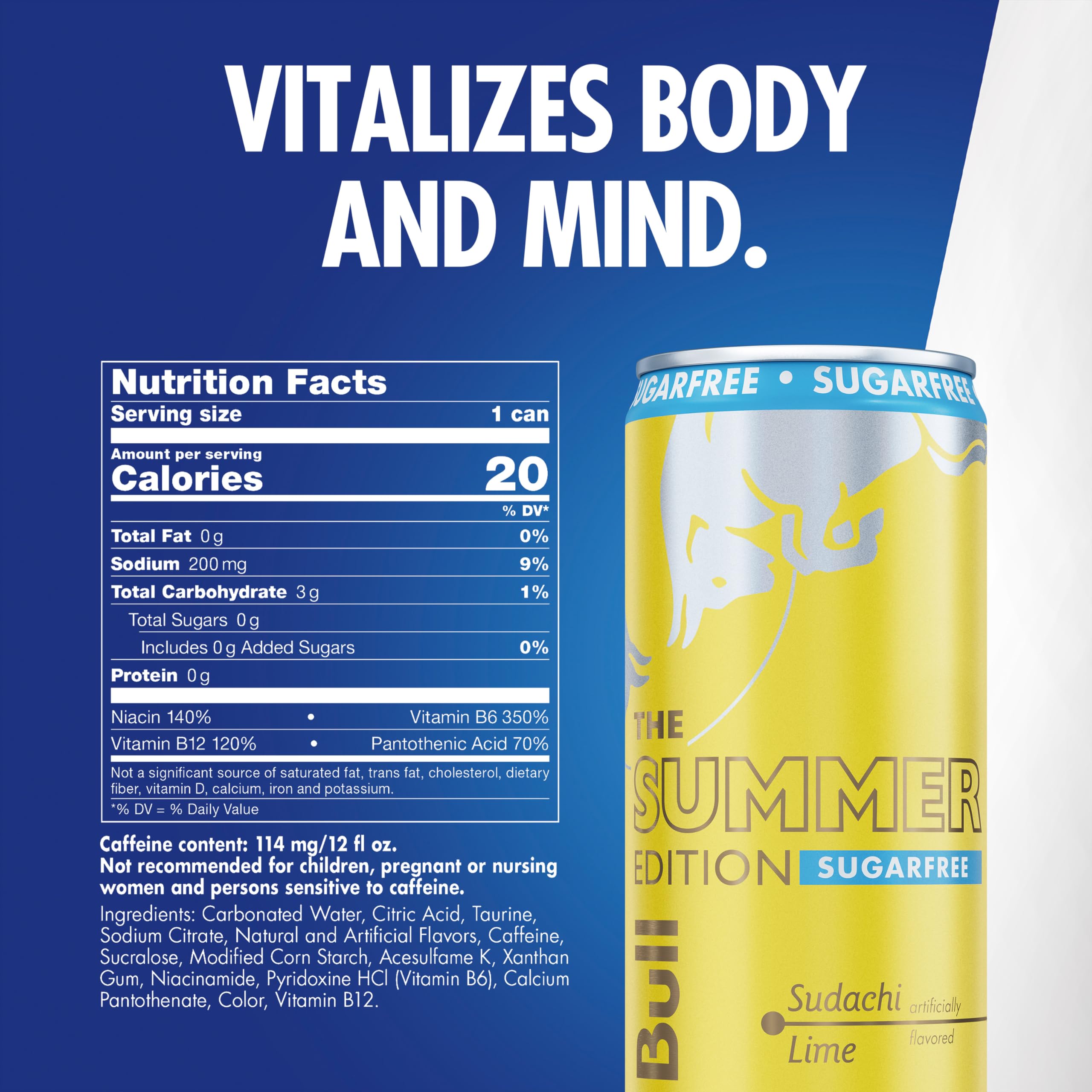 Red Bull etiqueta lateral con información de ingredientes y beneficios energéticos