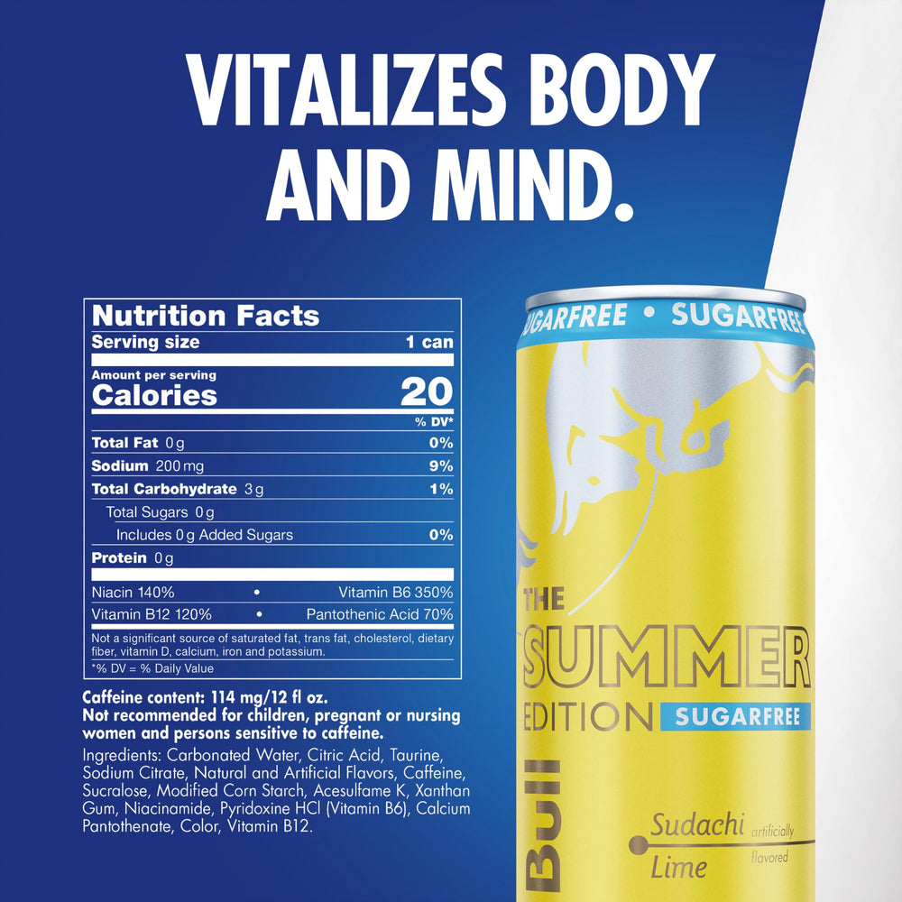 Red Bull etiqueta lateral con información de ingredientes y beneficios energéticos
