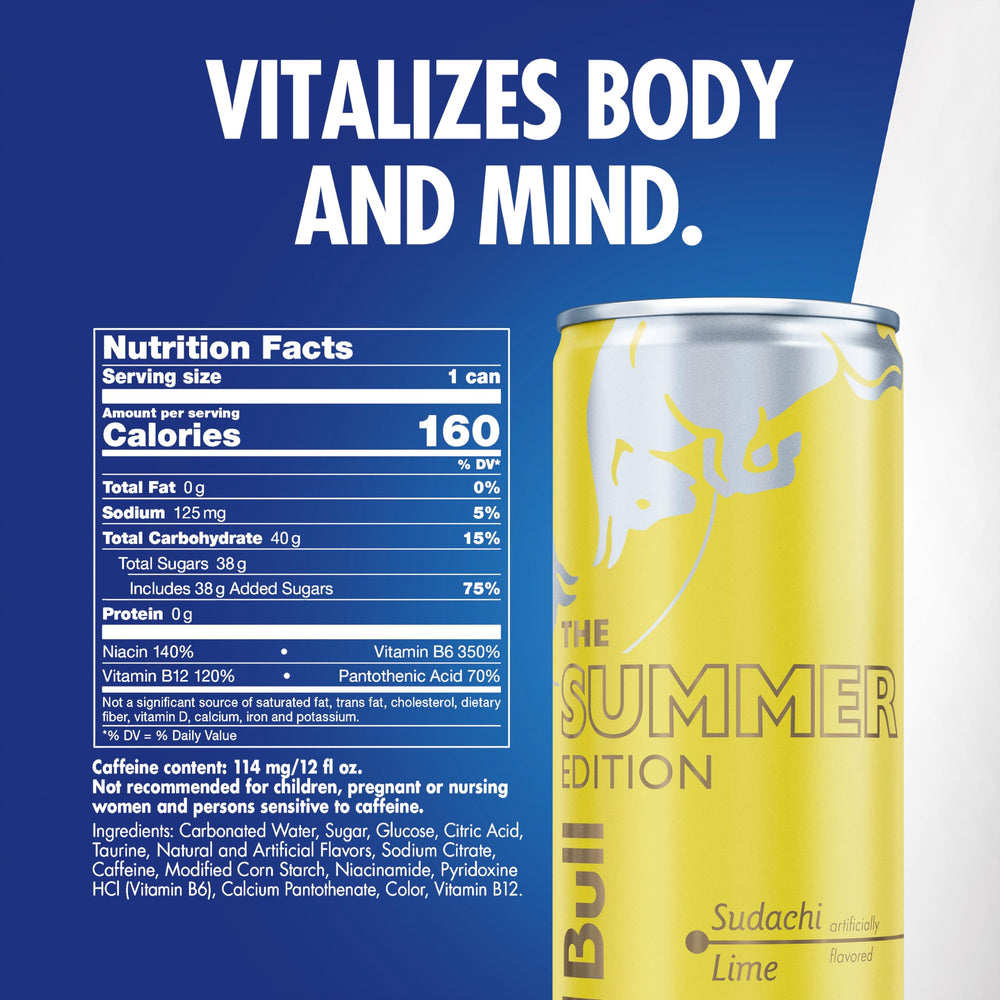 Red Bull lata Summer Edition inclinada destacando el color y la marca, apariencia energizante