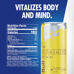 Red Bull lata Summer Edition inclinada destacando el color y la marca, apariencia energizante