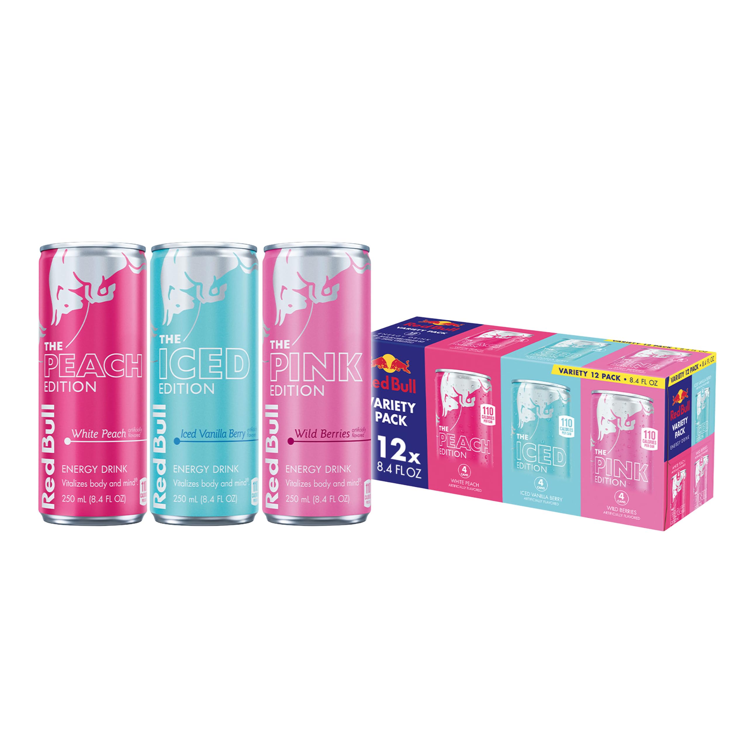 Red Bull variedad pack frontal mostrando las tres ediciones y conveniencia