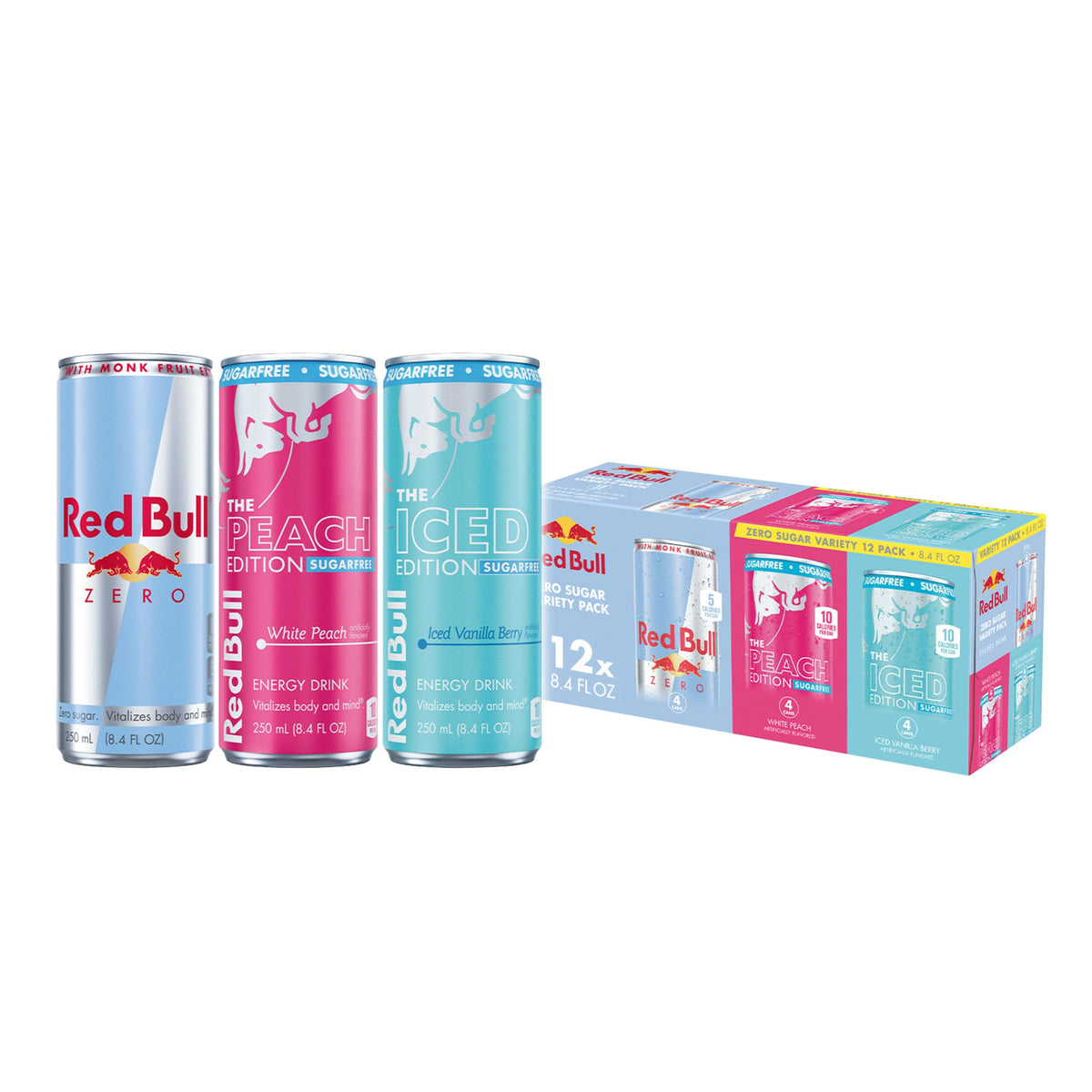 Red Bull presentacion frontal del paquete mostrando las tres ediciones y conveniencia
