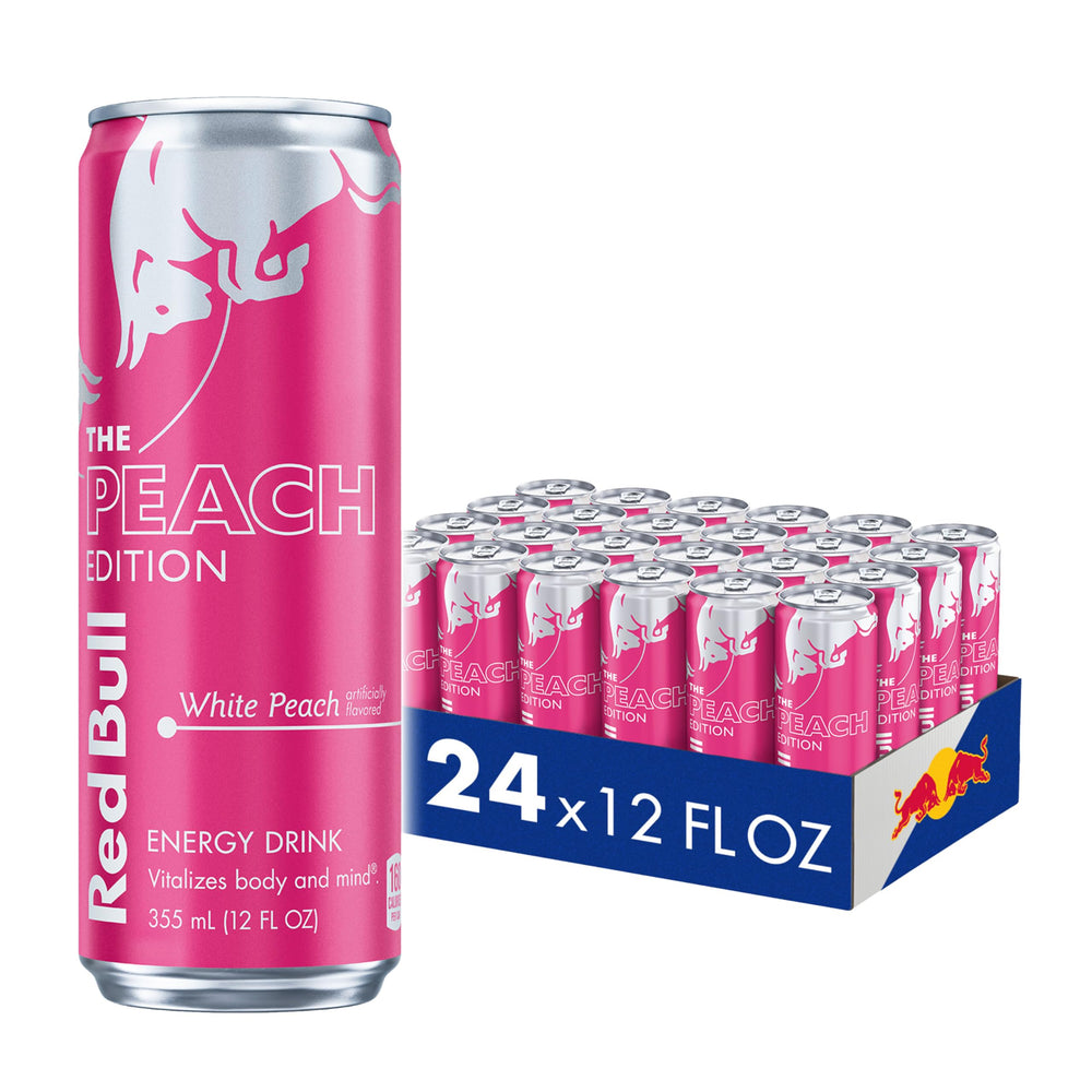 Red Bull lata White Peach al frente mostrando diseño y sabor refrescante
