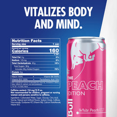 Red Bull White Peach lata abierta mostrando bebida ligeramente carbonatada