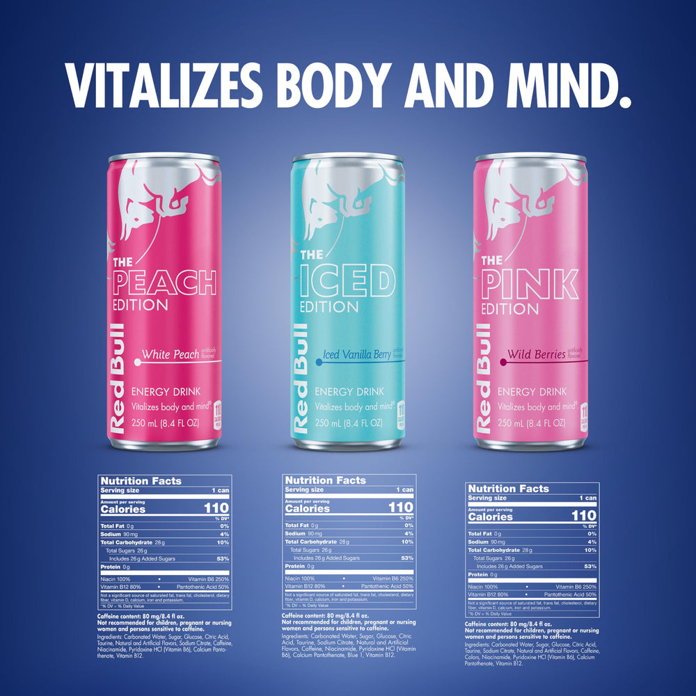 Red Bull White Peach lata detalle del diseño y sabor frutal distintivo