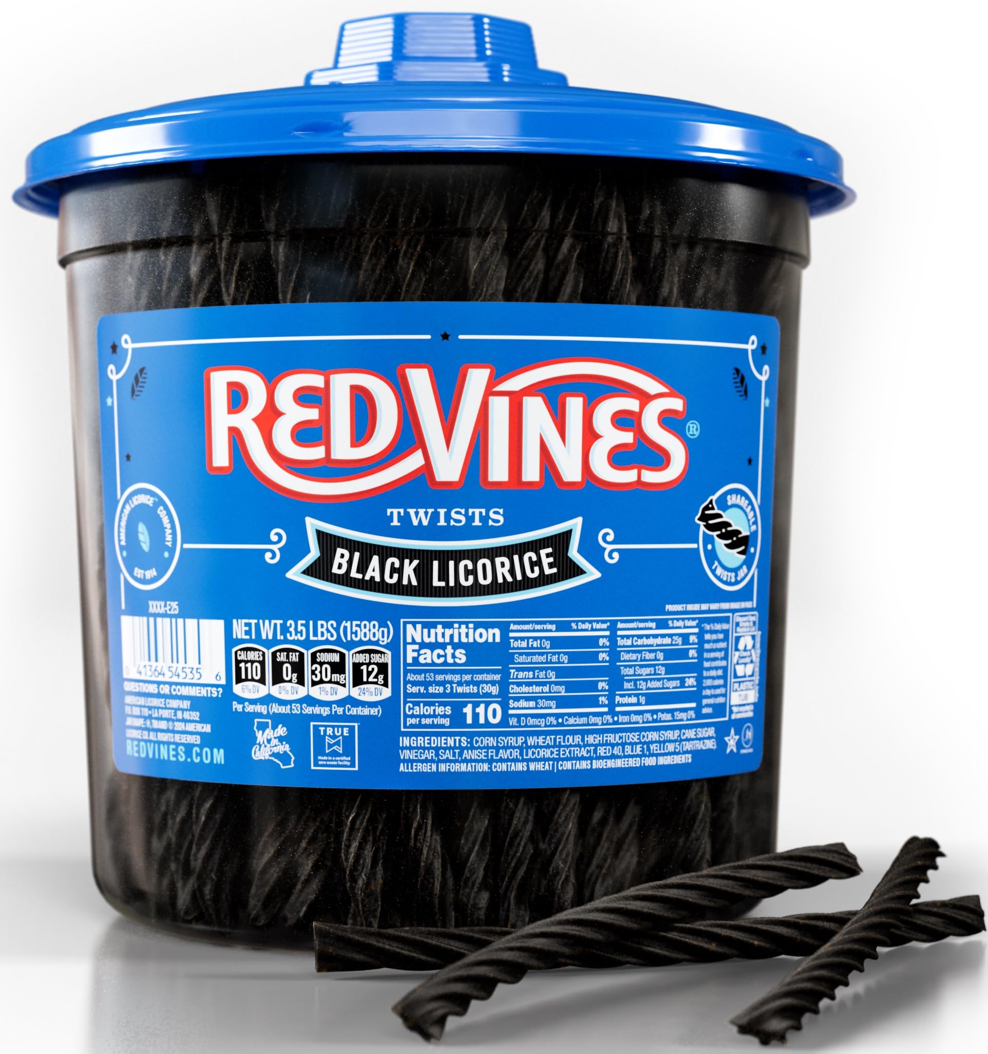 Red Vines frasco frontal mostrando twists de regaliz negro y facilidad para compartir