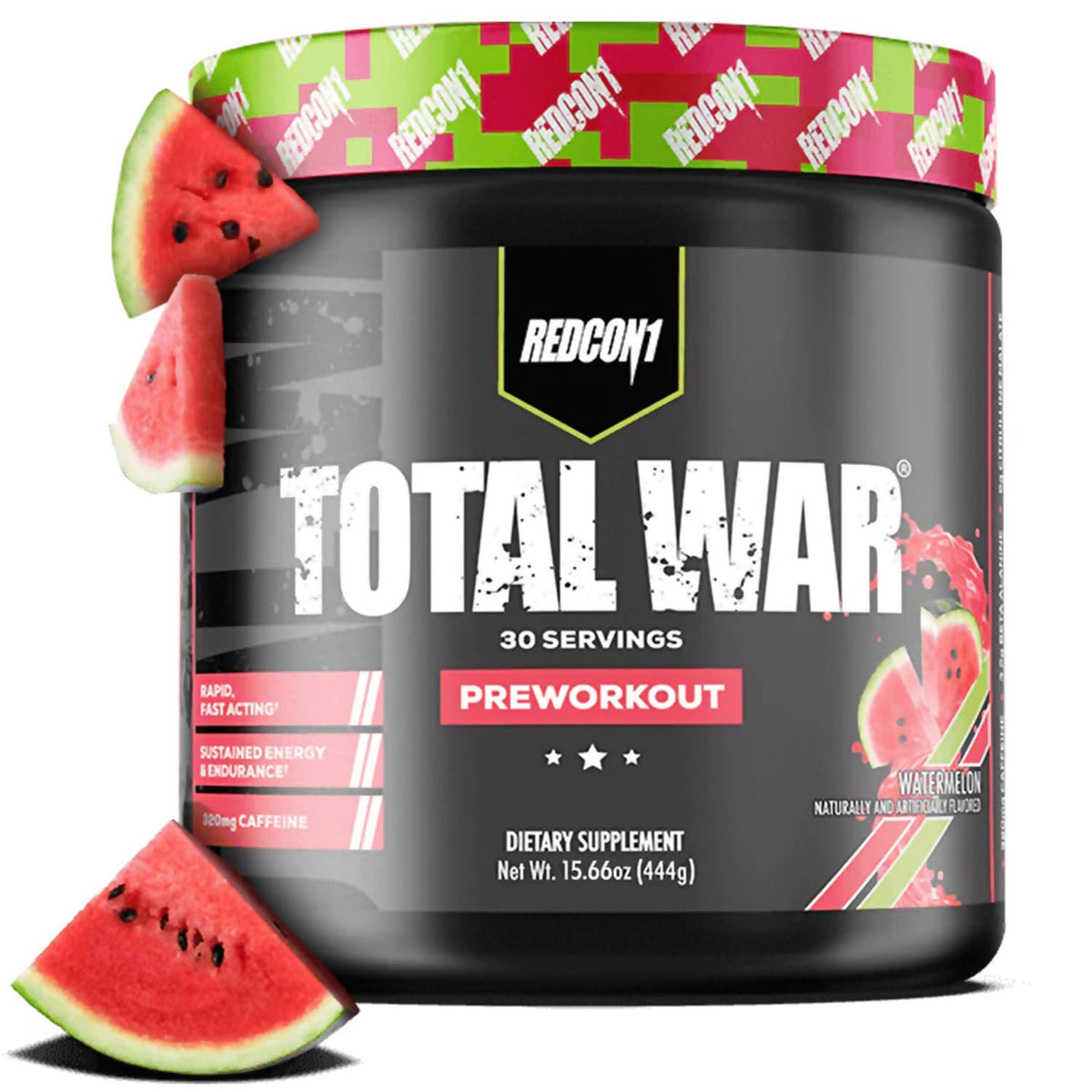 REDCON1 Total War front packaging bottle showing watermelon label and servings benefit