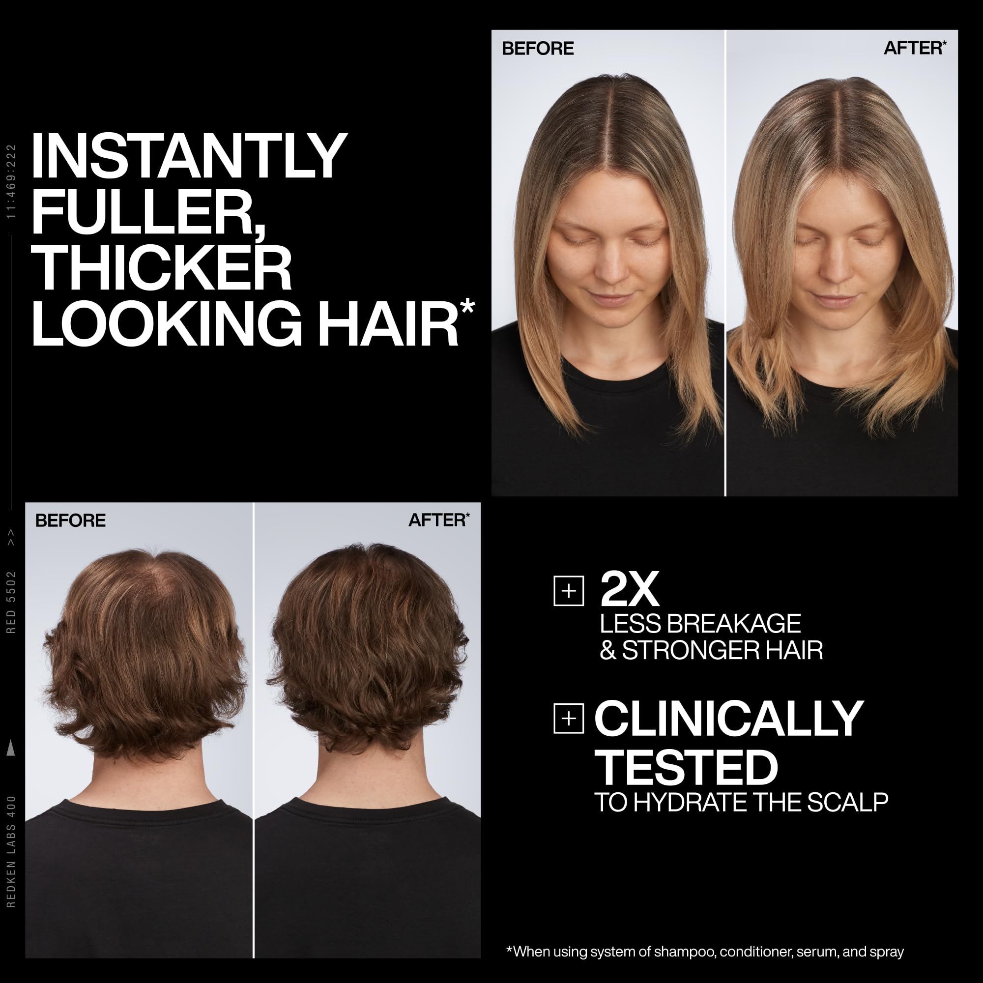 Redken champú 10.1 fl oz junto a mano para comparar tamaño y conveniencia