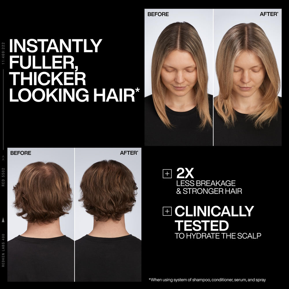 Redken champú 10.1 fl oz junto a mano para comparar tamaño y conveniencia