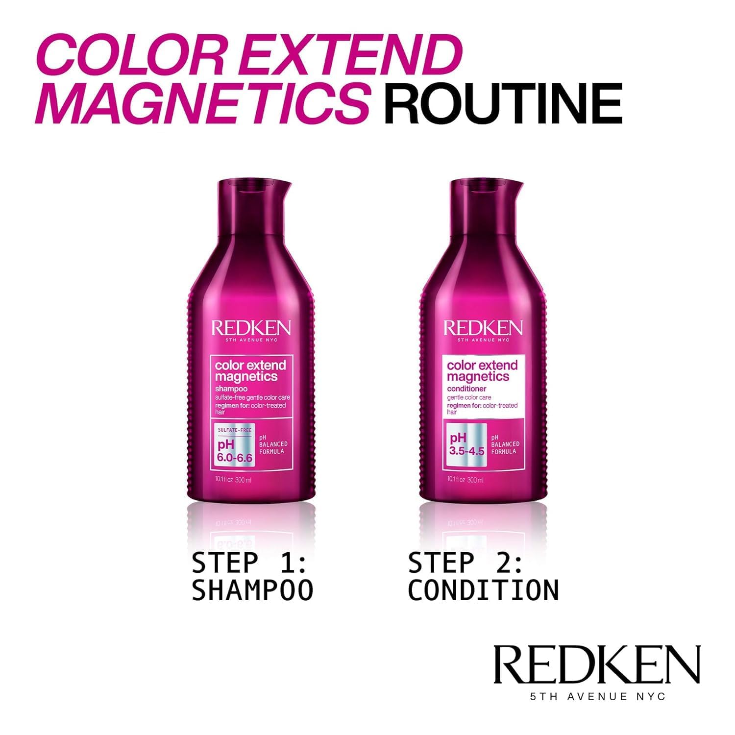 Redken botella junto a una regla mostrando tamaño 300 ml práctico