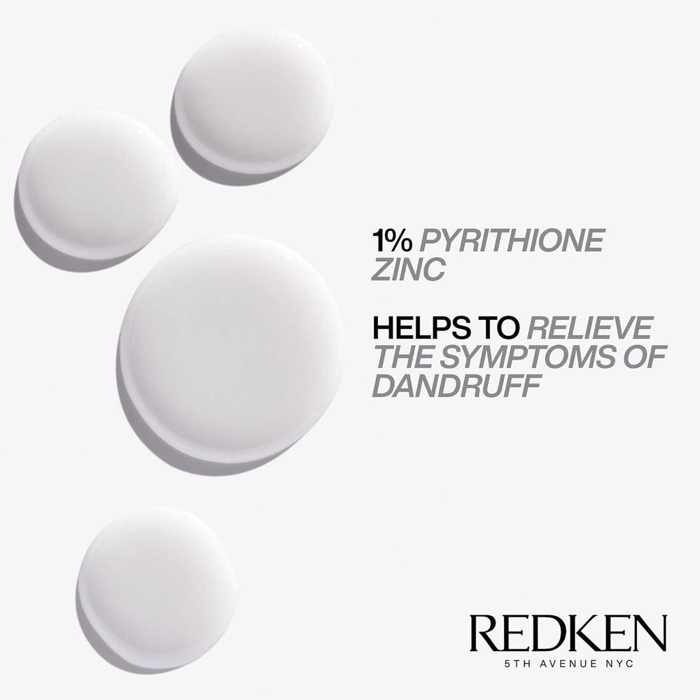 Redken etiqueta con ingredientes activa pyrithione zinc y beneficios visibles