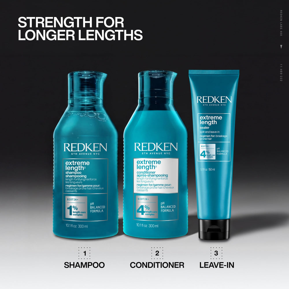 Redken comparación de longitud mostrando menos rotura y crecimiento preservado