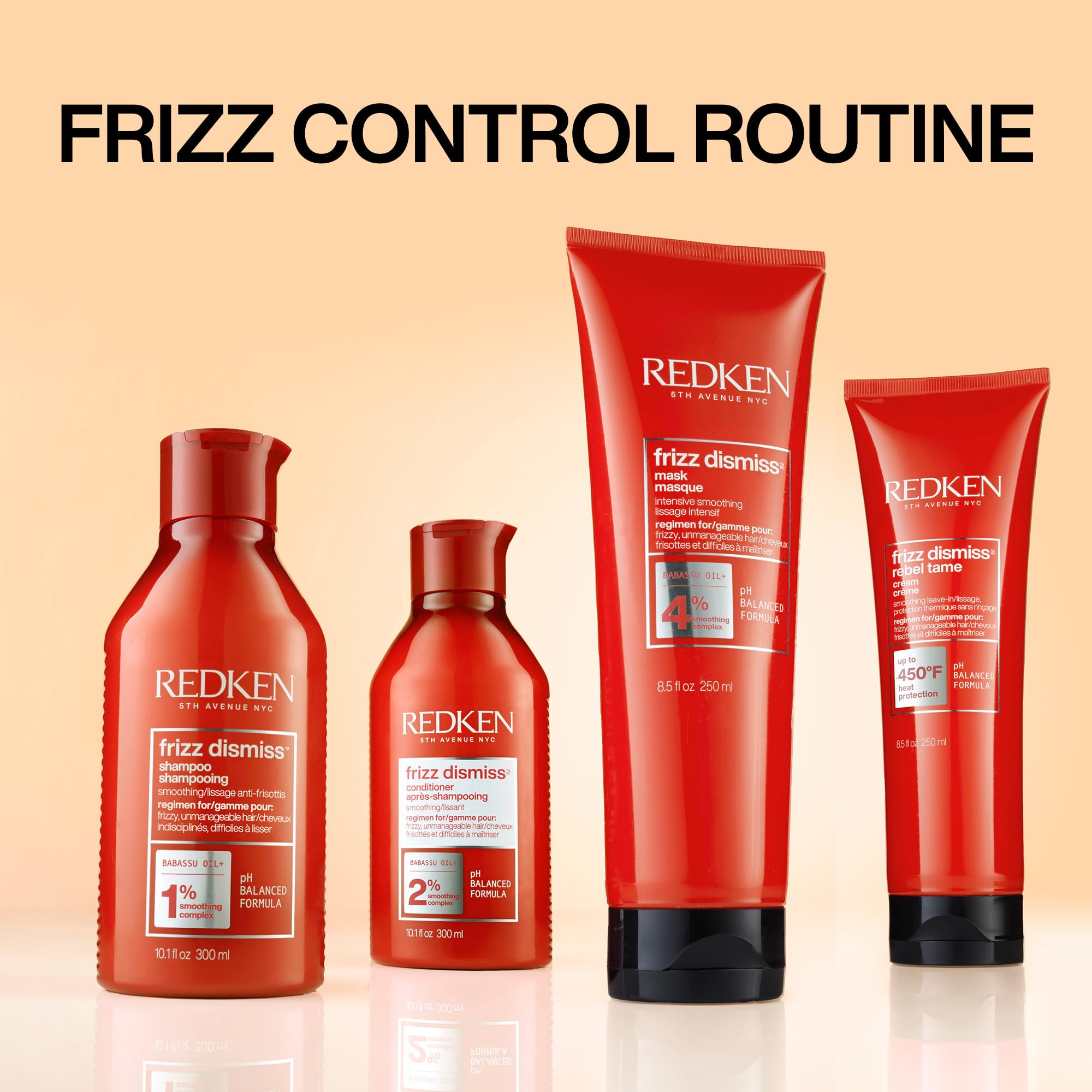 Redken Frizz Dismiss en rutina de secado demostrando protección hasta 450°F