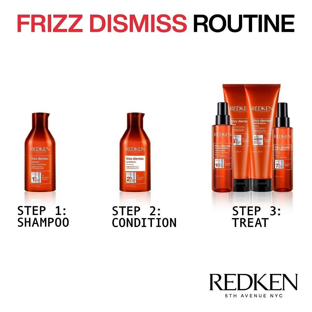 Redken Frizz Dismiss en cabello ondulado mostrando reducción del frizz y definición