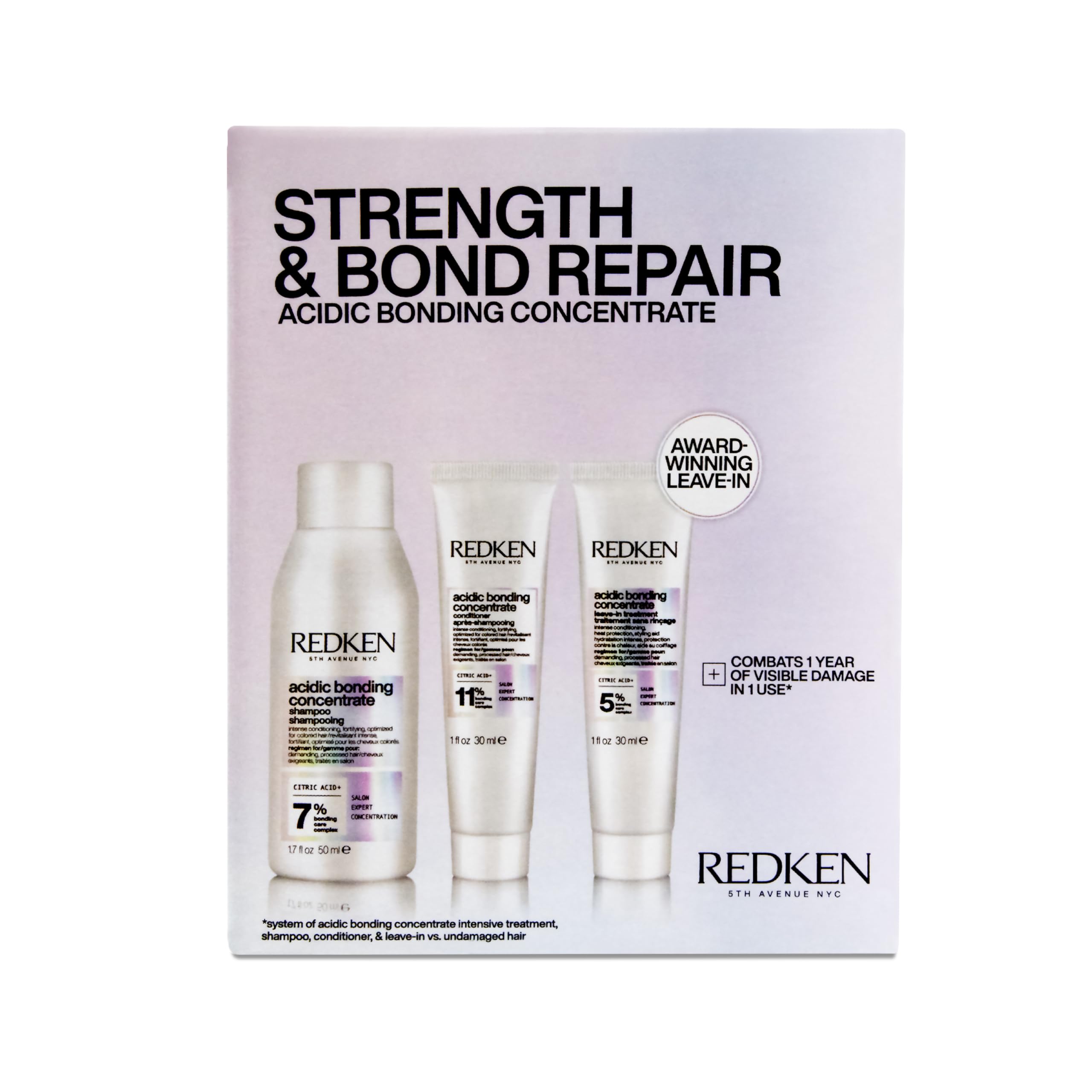 Redken kit viaje frontal mostrando shampoo acondicionador y leave-in, conveniencia profesional