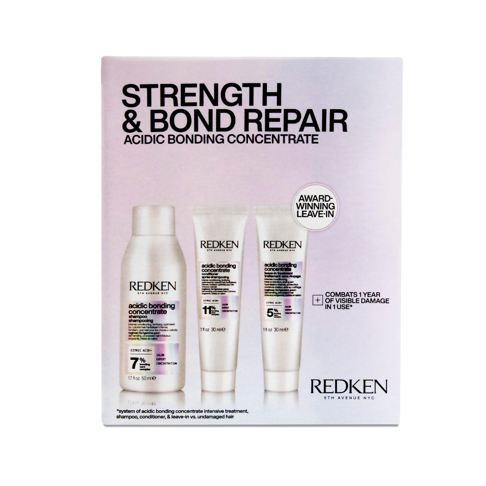 Redken kit viaje frontal mostrando shampoo acondicionador y leave-in, conveniencia profesional