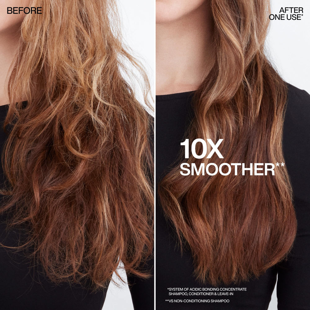 Redken puntas selladas antes y después mostrando menos puntas abiertas