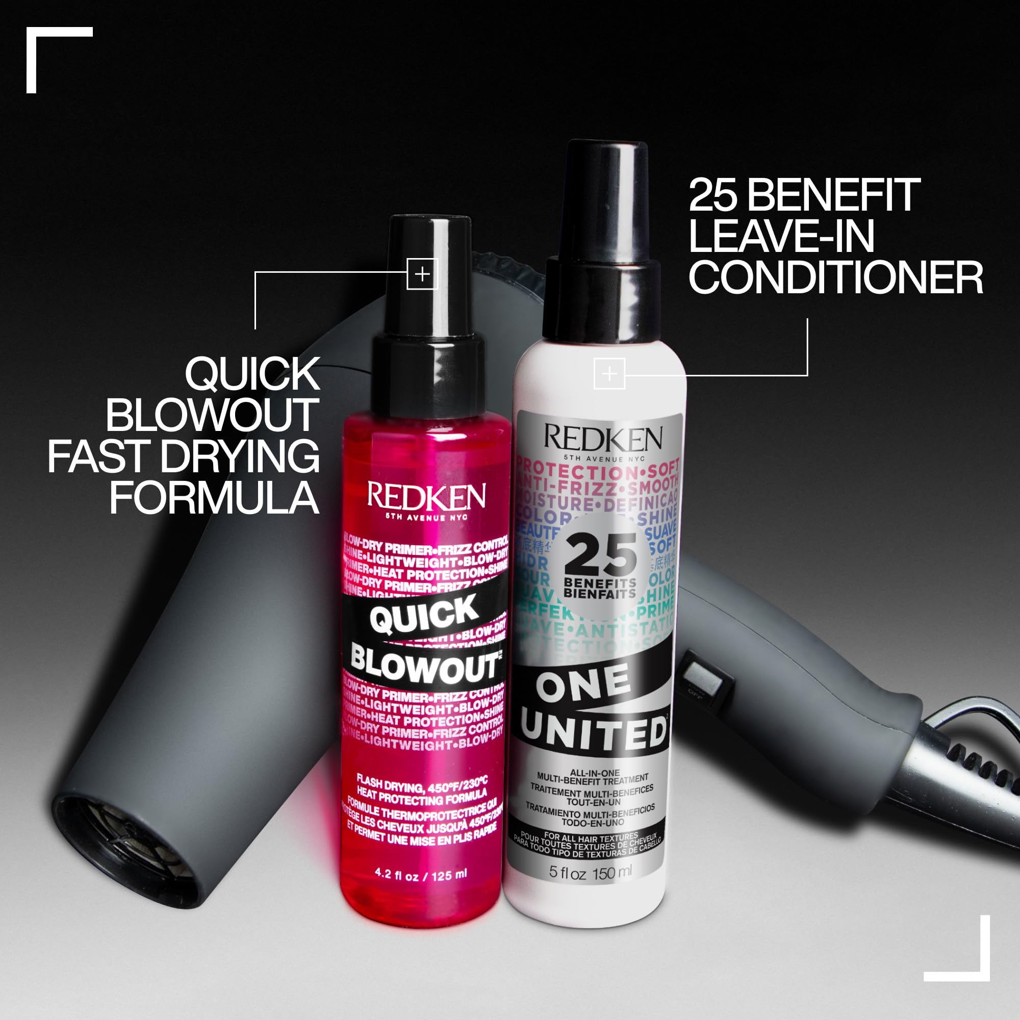 Redken Quick Blowout etiqueta con ingredientes clave y protección térmica clara