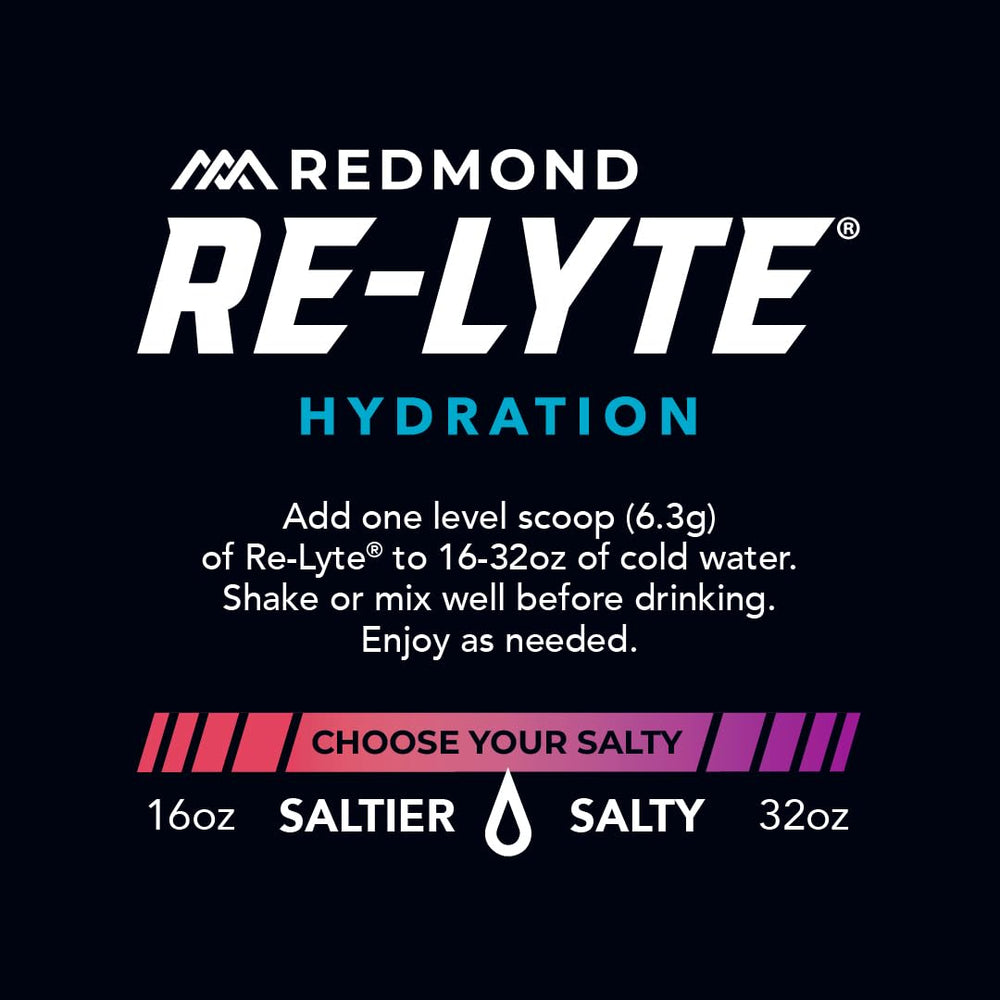 REDMOND etiqueta de ingredientes Re-Lyte con detalles de electrolitos y minerales