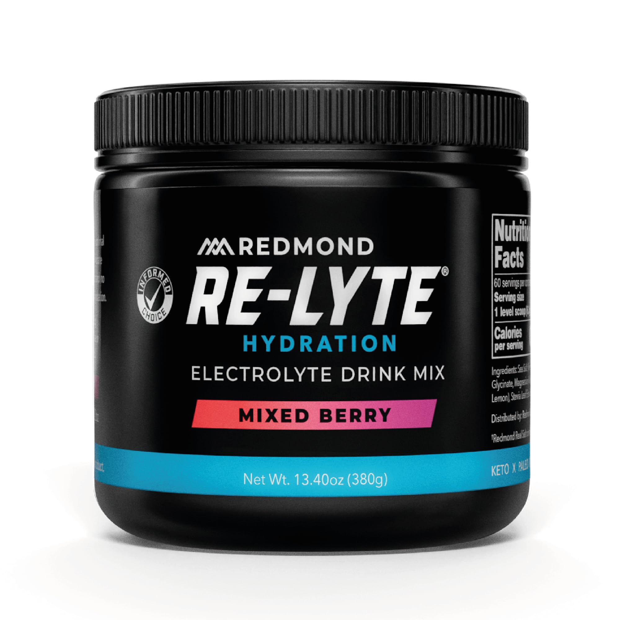 REDMOND envase frontal Re-Lyte Mixed Berry mostrando marca y sabor para hidratación limpia
