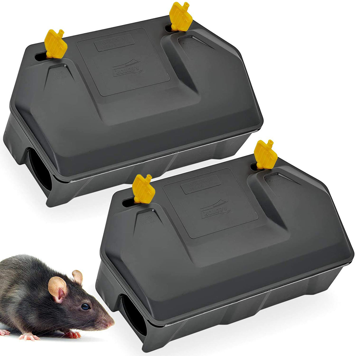 Redtop front view of bait station showing lock and durable shell protecting bait