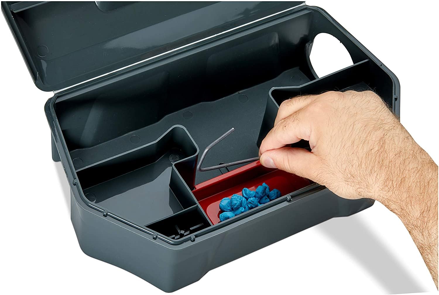 Redtop bait station placed at building foundation demonstrating strategic location benefit