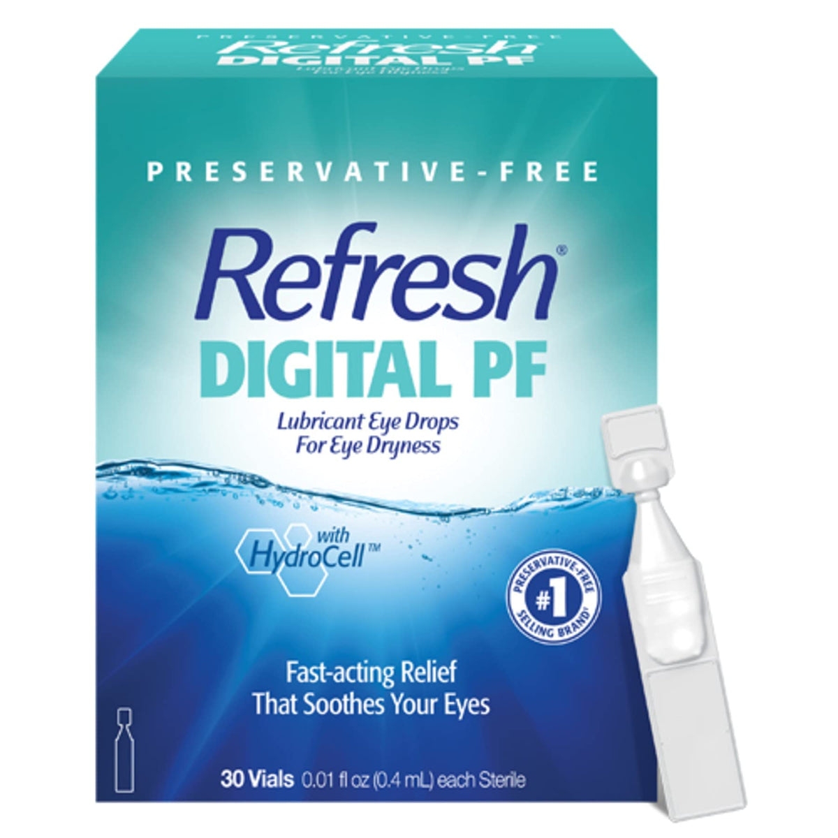 REFRESH envase frontal y pack mostrando 30 viales, conveniencia portátil