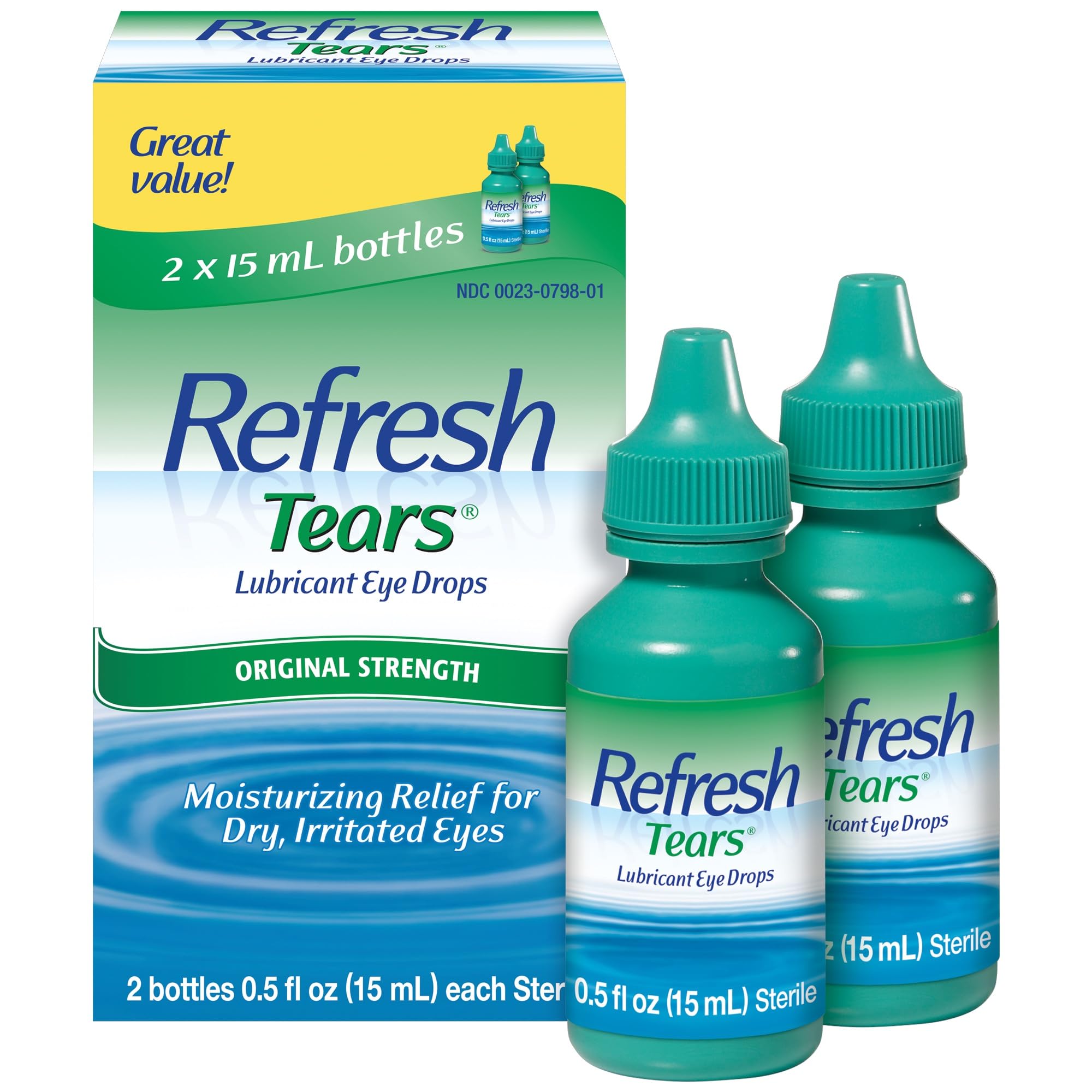 Refresh envase frontal pack de 2 mostrando tamaño y marca para alivio rápido