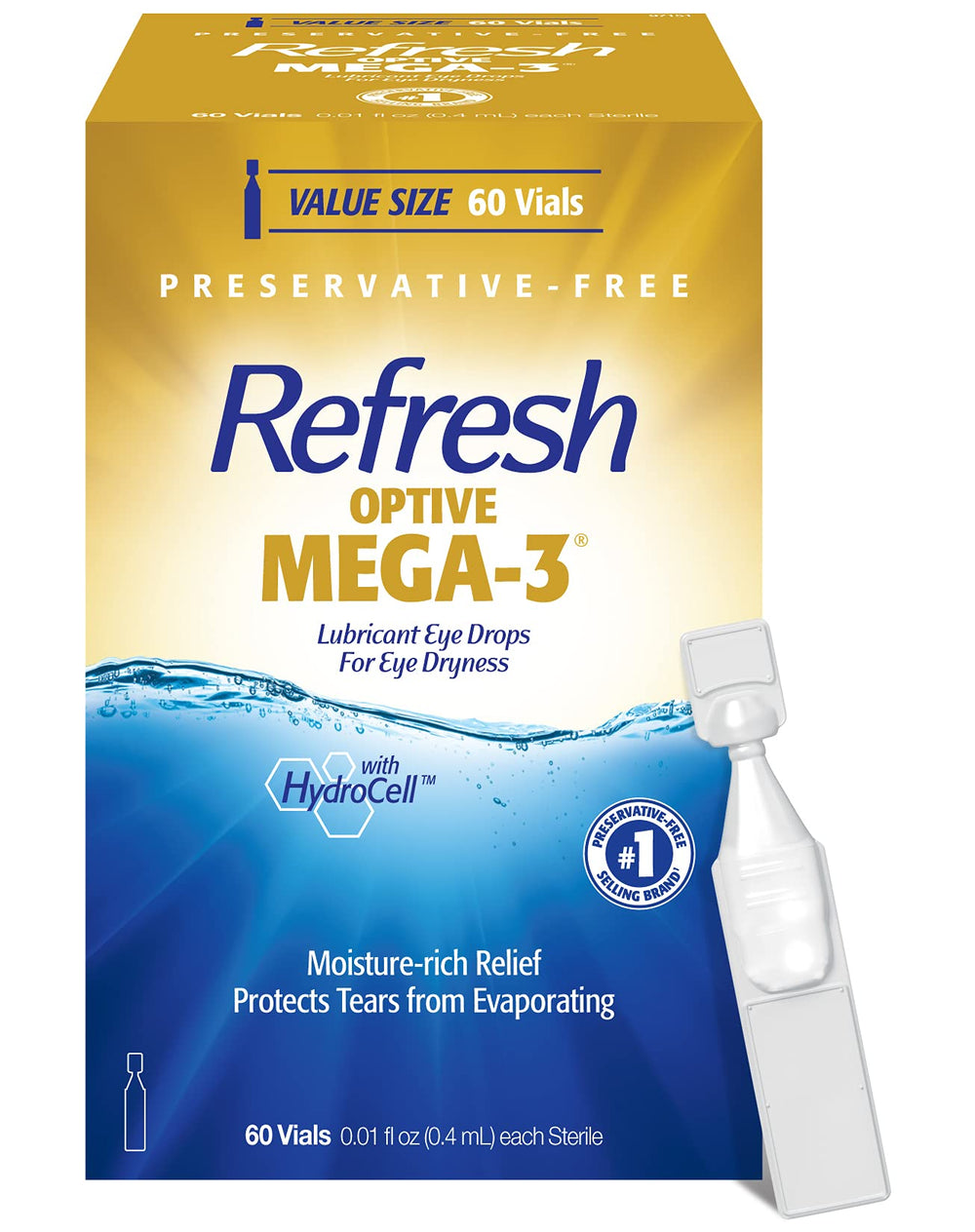 Refresh OPTIVE MEGA-3 frente del paquete mostrando 60 viales y beneficios