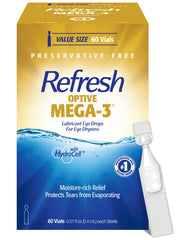 Refresh OPTIVE MEGA-3 frente del paquete mostrando 60 viales y beneficios