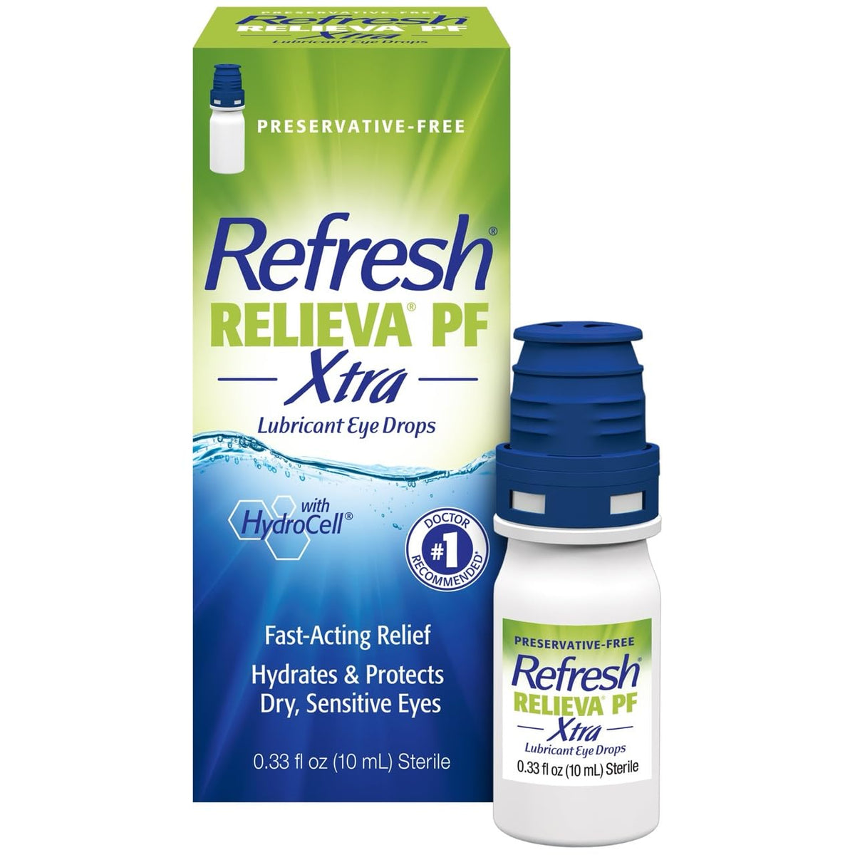 Refresh botella frontal mostrando diseño y beneficio de hidratación prolongada