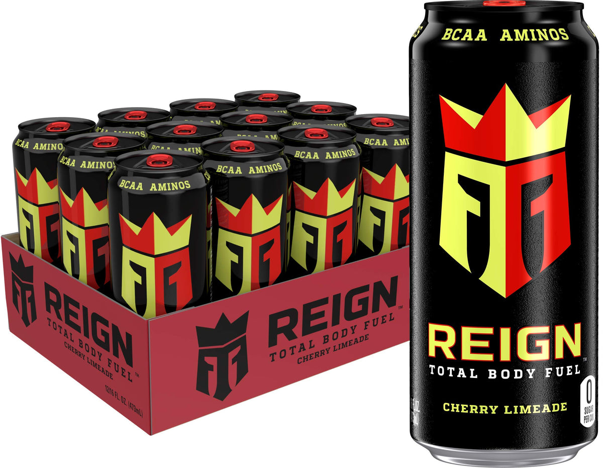 Reign Cherry Limeade frontal mostrando lata y marca, energía inmediata