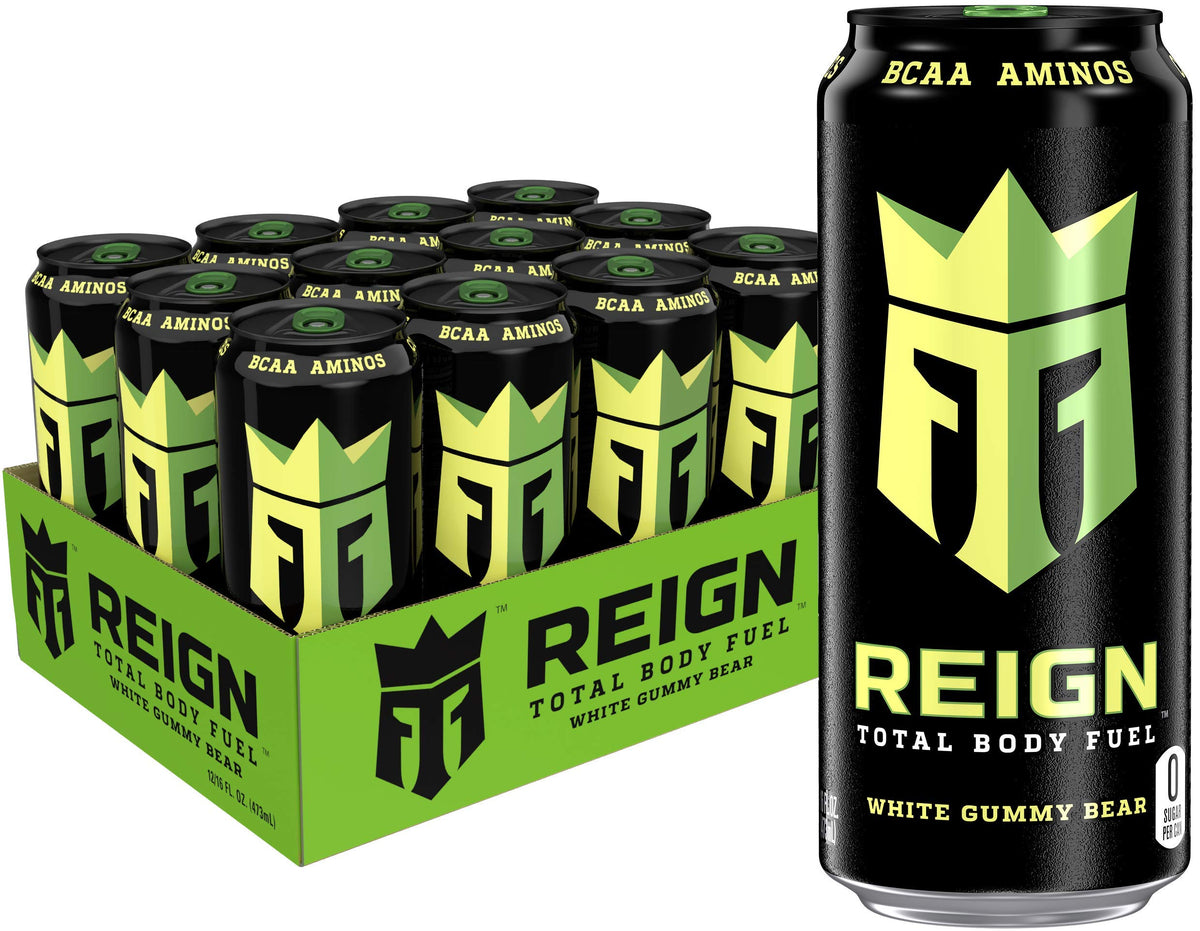 Reign lata White Gummy Bear vista frontal mostrando etiqueta y beneficios