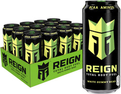 Reign lata White Gummy Bear vista frontal mostrando etiqueta y beneficios