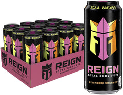Reign lata frontal con sabor Reignbow Sherbet mostrando etiqueta clara y atractivo