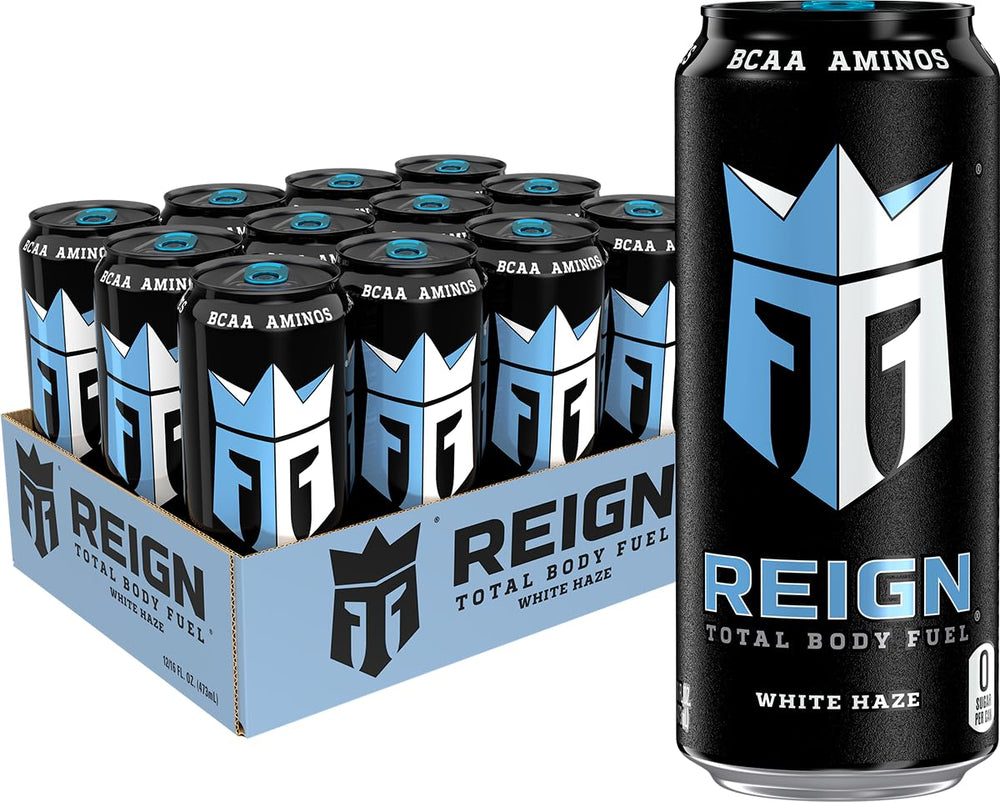 REIGN lata frontal mostrando sabor cítrico y energía refrescante