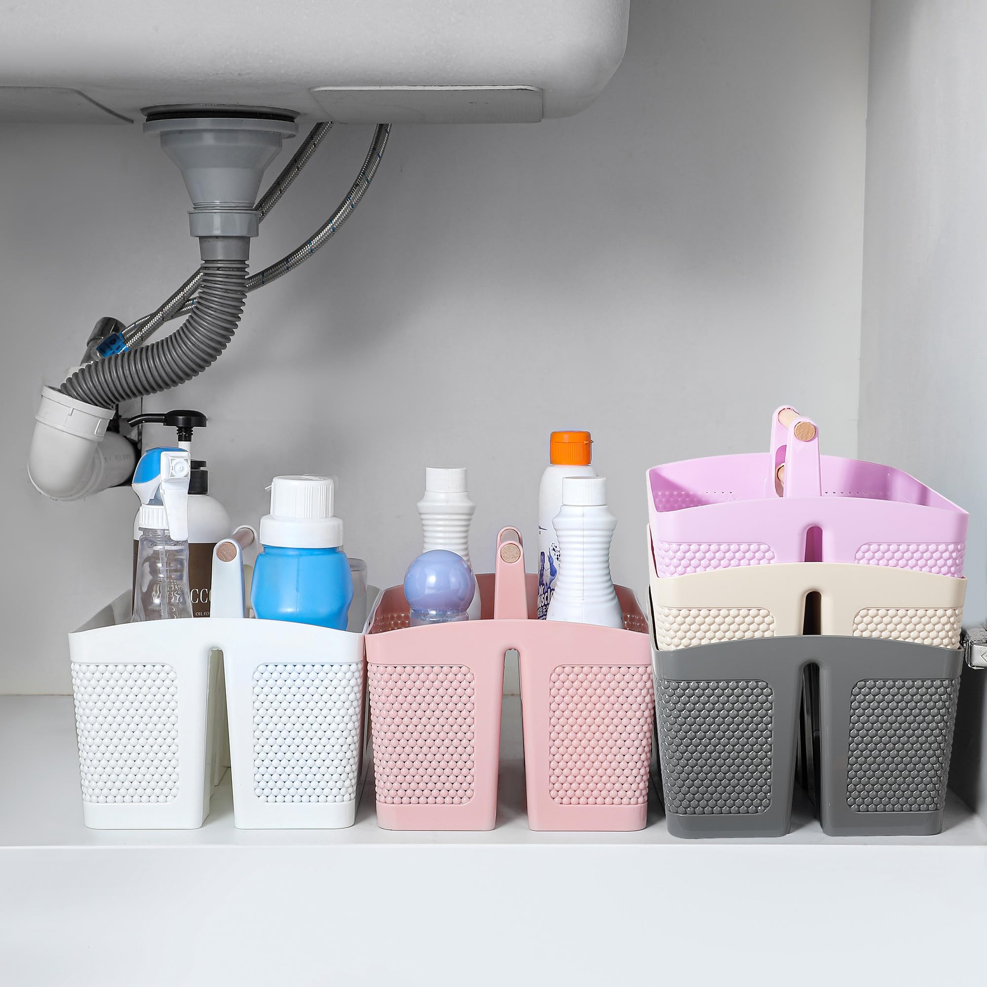 rejomiik caddy con compartimentos llenos de champú y accesorios organizados
