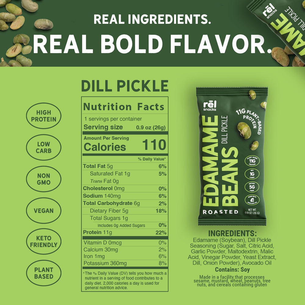 Rel Snacks primer plano de edamame tostado con textura crujiente visible