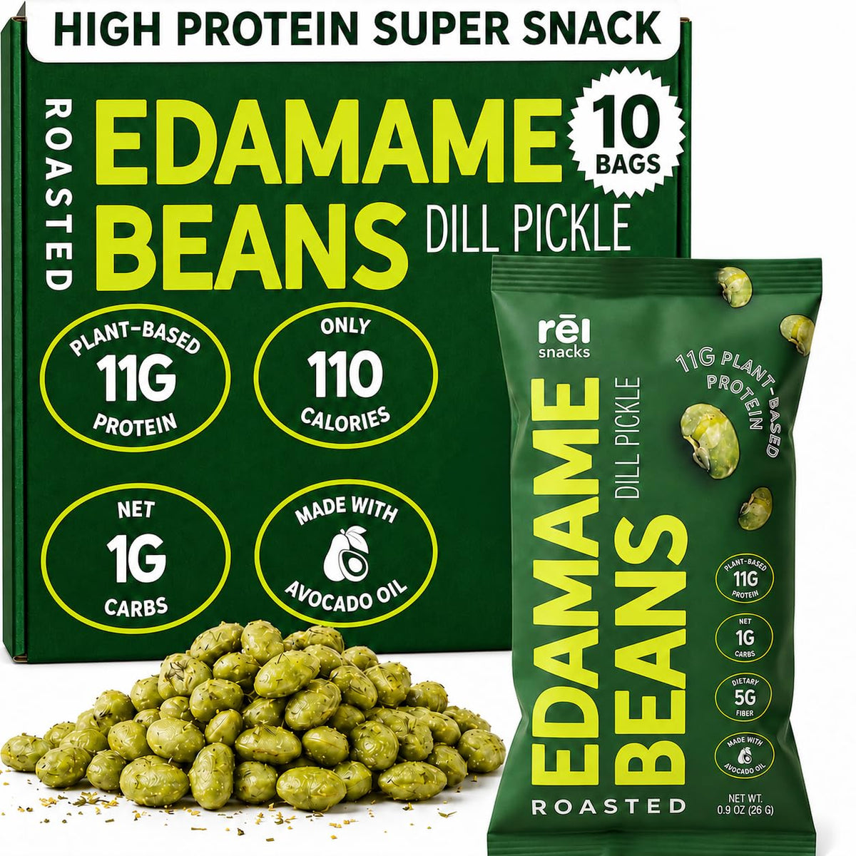 Rel Snacks empaque frontal mostrando 10 sobres, práctico y alto en proteína
