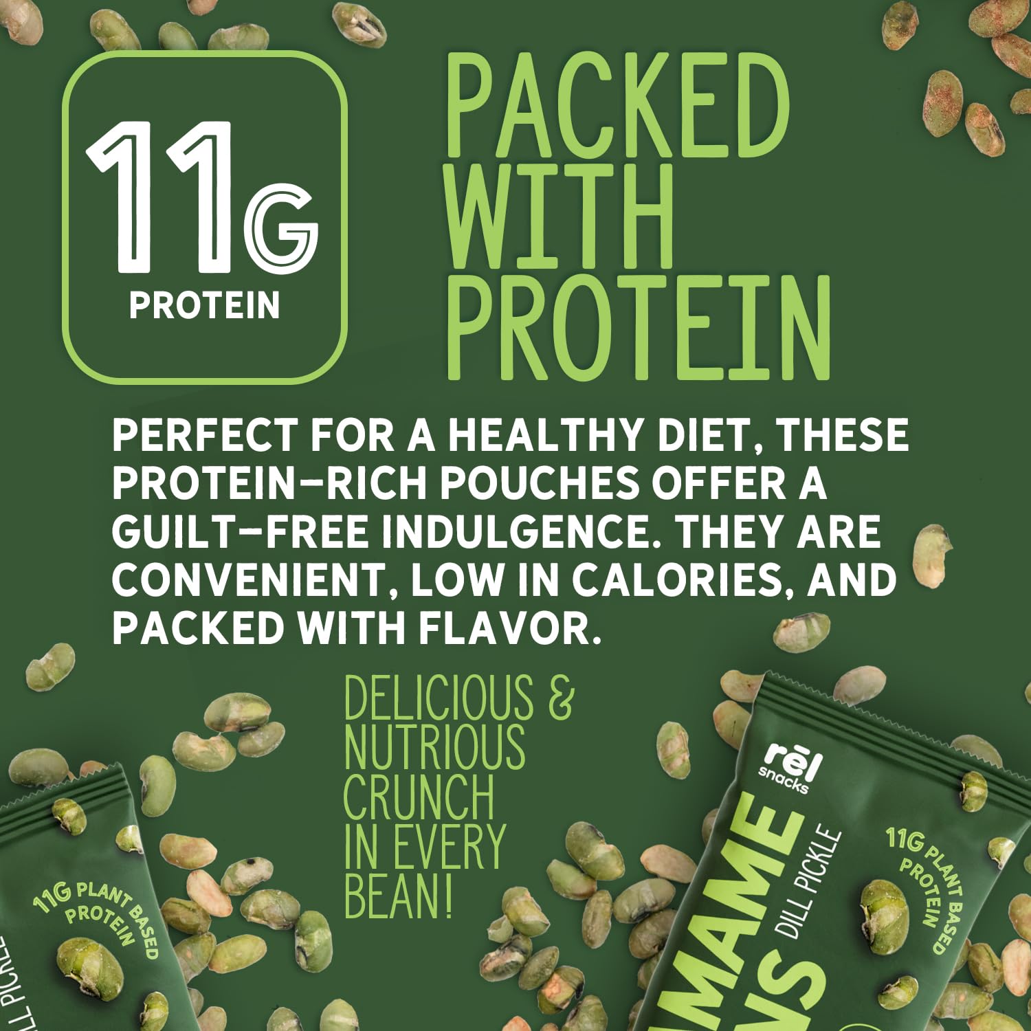 Rel Snacks sobre abierto con edamame listo para comer, snack portable